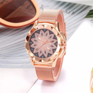 Fashion Rose Gold Flower Rhinestone Watch