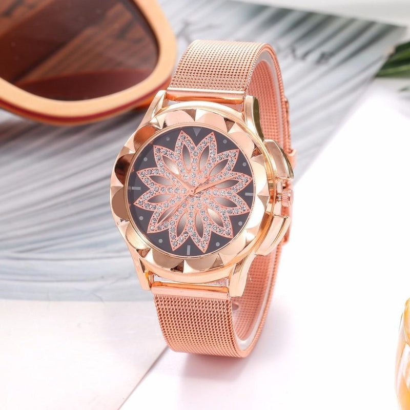 Fashion Rose Gold Flower Rhinestone Watch