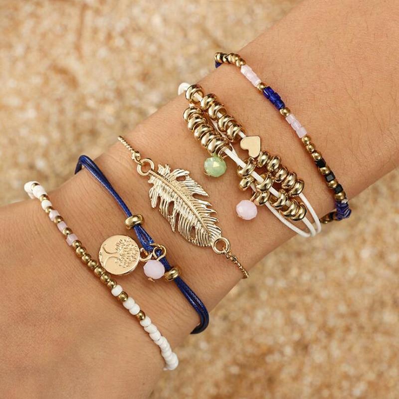 Bohemian Trees Feather Charm Crystal Bracelets 5pcs/set